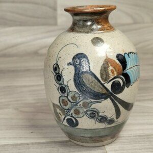 Mexican Pottery Vase 5.5" Hand Painted Blue Bird Floral Glazed Unsigned